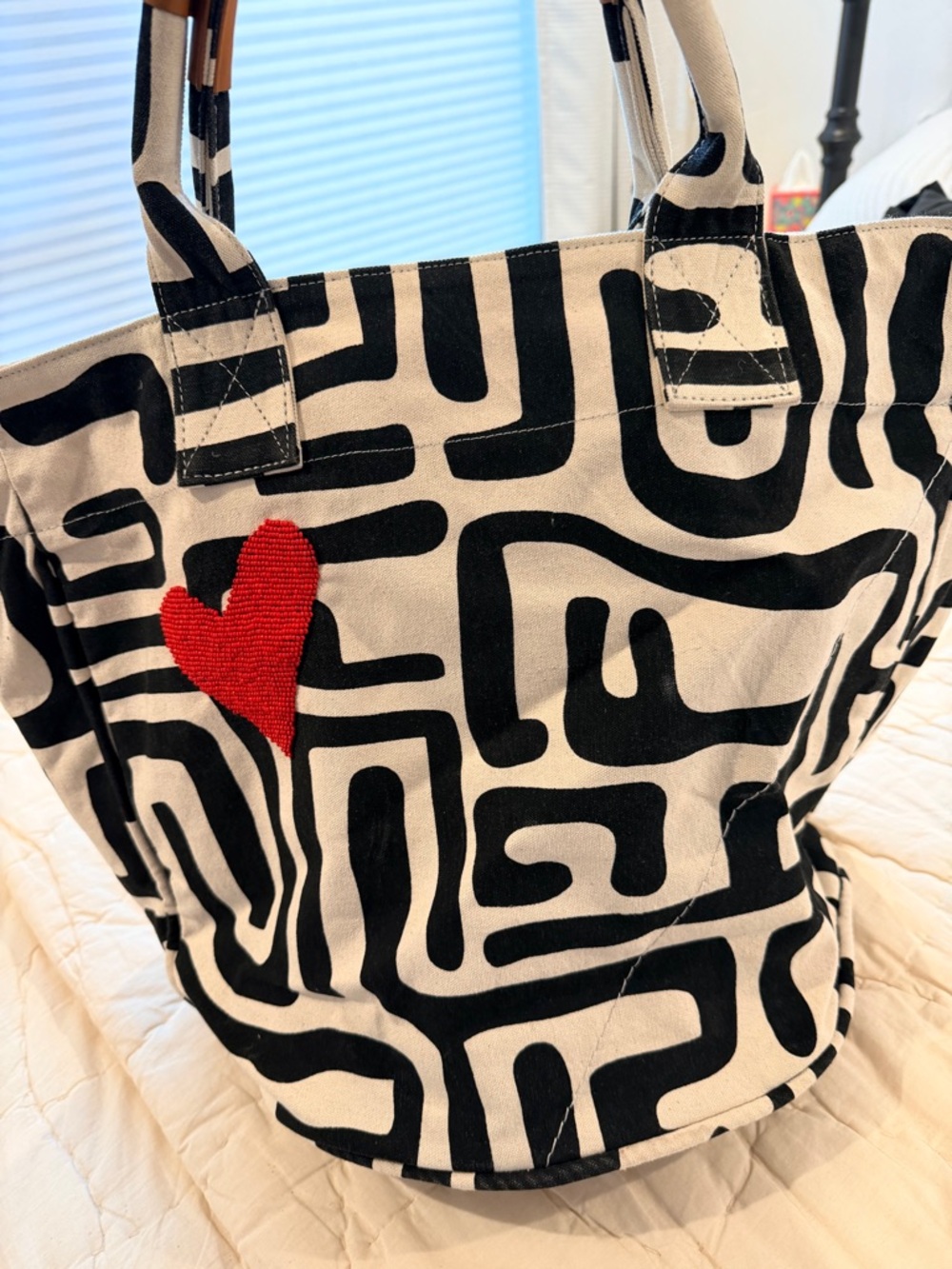 Ubuntu Life Canvas Tote Bag with Black Maze Print and Red Heart